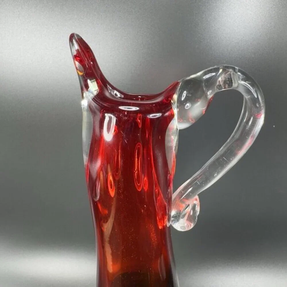 Heavy Hand Blown Glass Pitcher Vase Carafe Multicolor Applied Swirl Glass‎ Decor
